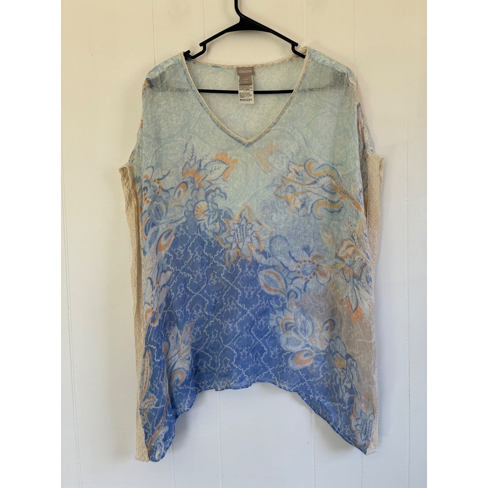 Chicos Blue Floral‎ Paisley 100% Linen Poncho Top Crochet Trim Womens SM